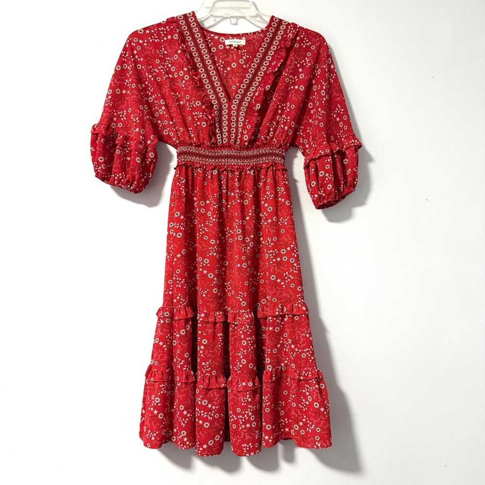 Max Studio Red Floral Smocked Waist Tiered Midi Dress XS 9M01Y66A‎ Womens